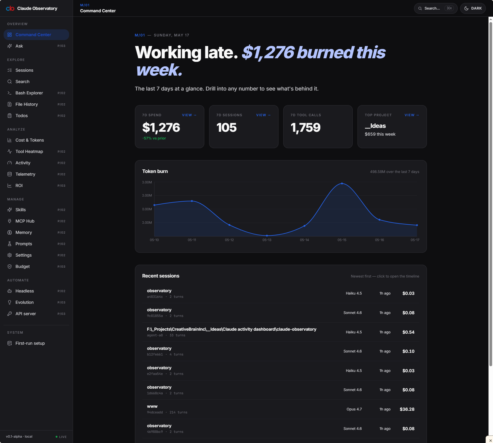 Claude Observatory dashboard in dark theme — landing screen showing the project sidebar, session activity feed, and the recently-added memory/skills/prompts navigation routes.