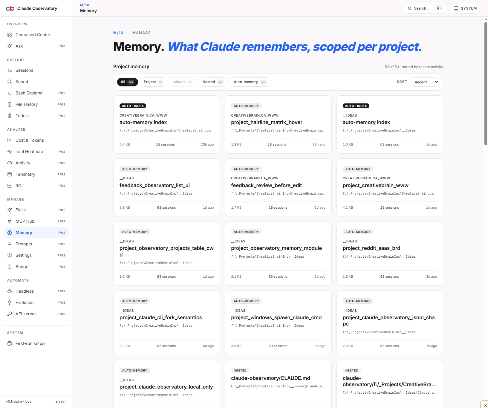 Claude Observatory Memory route — list of memory entries with filter pills across the top, count badges, colored project dots, and line-clamp-2 titles.