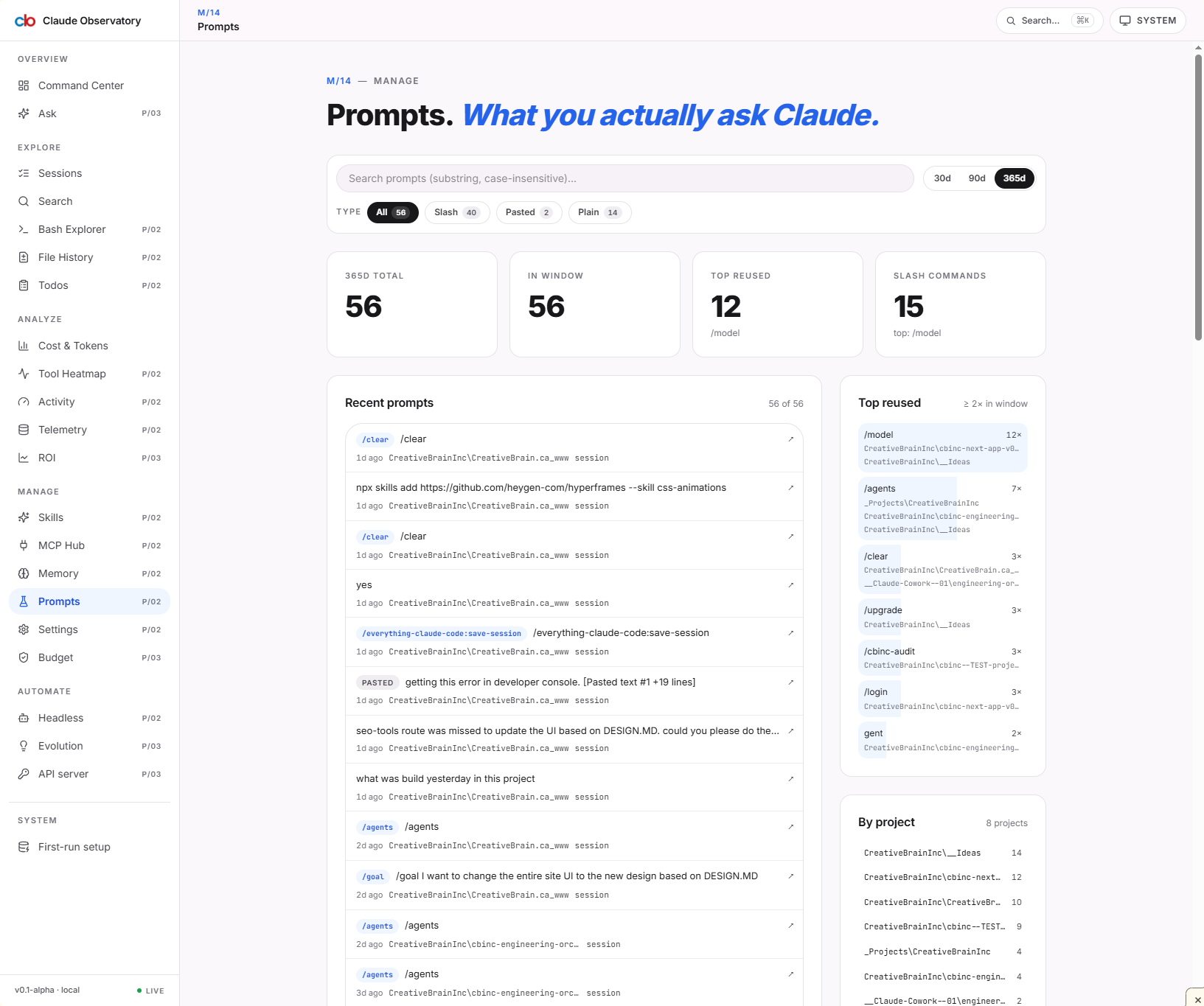 Claude Observatory Prompts route — third application of the shared filter-pill toolbar: counts, colored dots, line-clamp-2 titles, project eyebrow.