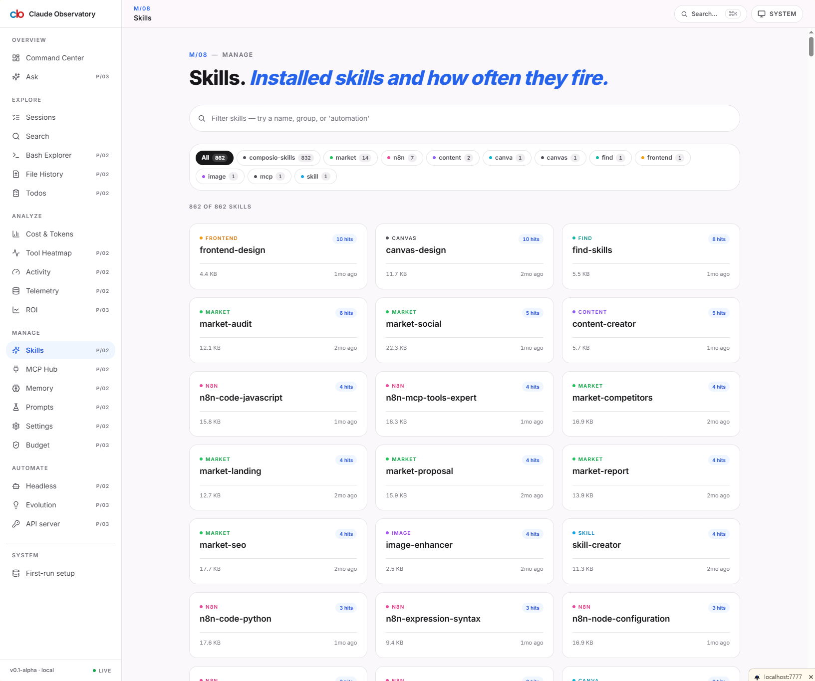 Claude Observatory Skills route — same toolbar pattern as Memory, applied to skill definitions: filter pills, count badges, project dots, line-clamp-2 titles.